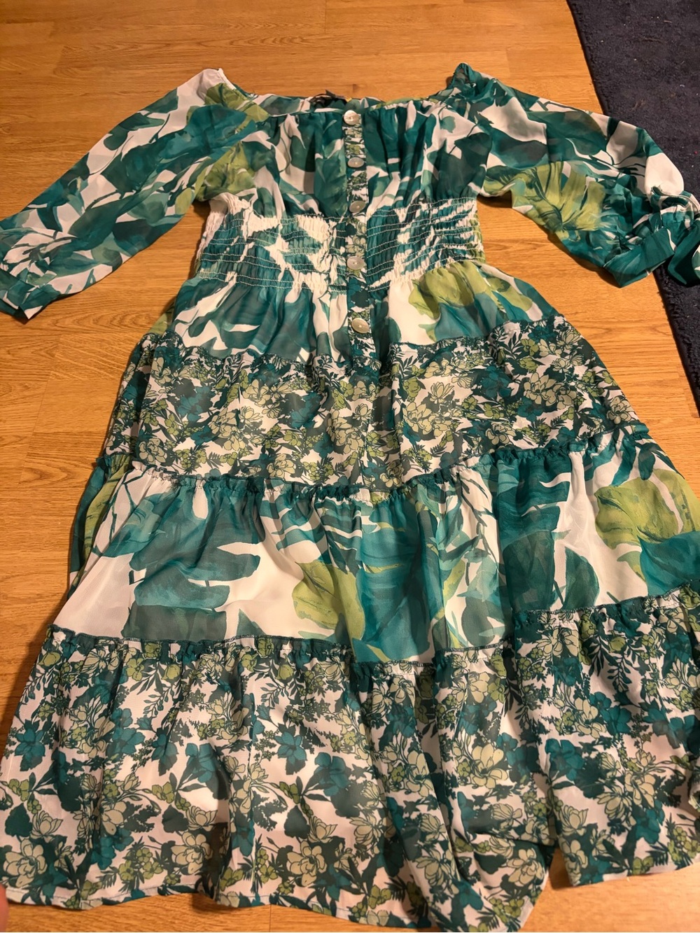 Green Floral Tiered Maxi Dress with Smocked Waist & mother of pearl buttons- L